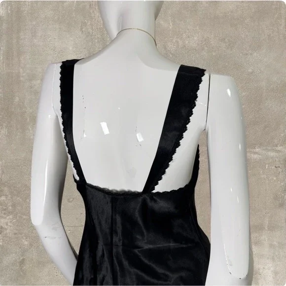 Vintage 90s Black Satin Slip Dress Made in USA Lace Lingerie Mini Medium